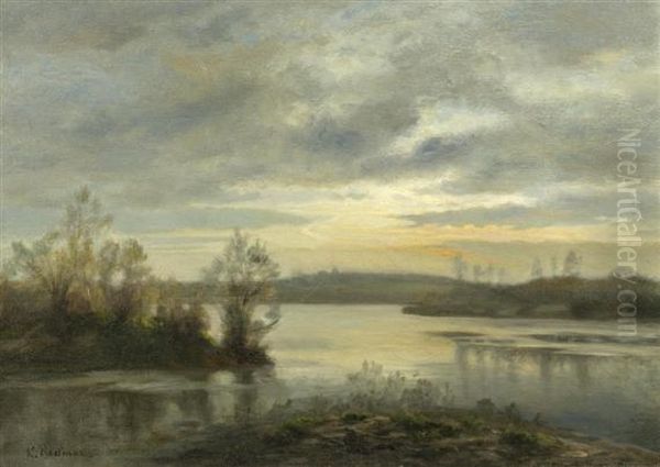 A River Landscape In The Sunset Oil Painting by Karl Bodmer