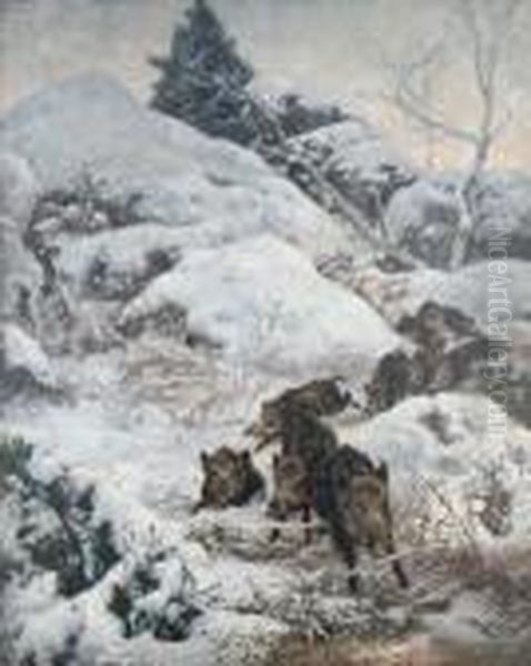 Schwarzwild In Winterlandschaft Oil Painting by Karl Bodmer