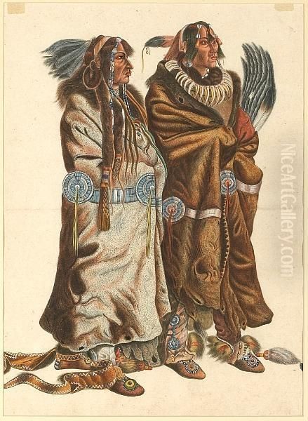 Sih-chida And Mahchsi-karehde, 
Mandan Indians; Pehriska-ruhpa, A Minitarre Warrior In The Costume Of A 
Dog Dancer (a Pair) Oil Painting by Karl Bodmer