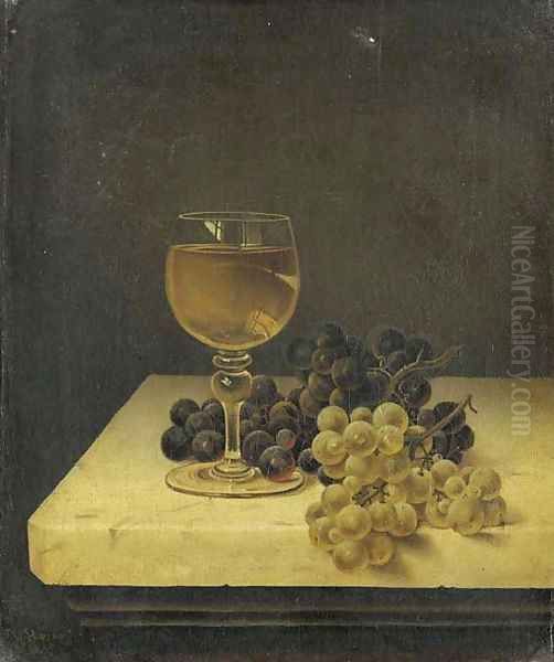 Still Life with Glass of Wine and Grapes on a Marble Ledge Oil Painting by Thomas H. Hope