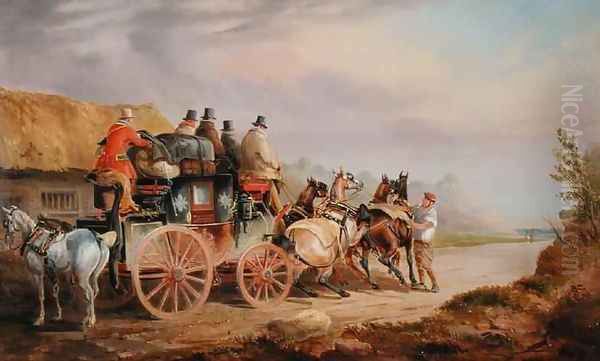 Mail Coaches on the Road The Quicksilver Devonport London Royal Mail about to Start with a New Team Oil Painting by Charles Cooper Henderson