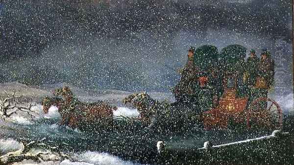 A Stagecoach Fording a Stream in a Snowstorm Oil Painting by Charles Cooper Henderson