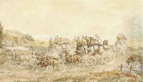 Two opposition coaches passing at speed Oil Painting by Charles Cooper Henderson