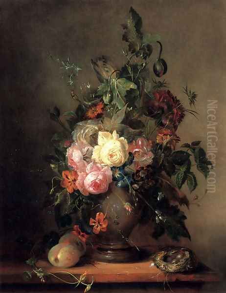 Roses, Morning Glory, Poppies and Tulips with Peaches anda Bird's Nest on a wooden Ledge Oil Painting by Francois-Joseph Huygens