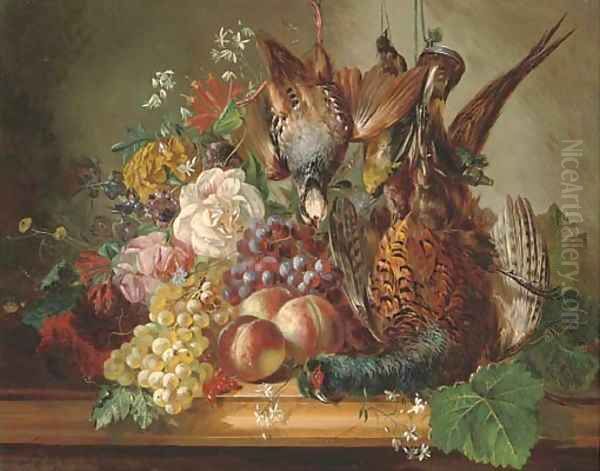 Game, fruit and flowers on a marble ledge Oil Painting by Francois-Joseph Huygens