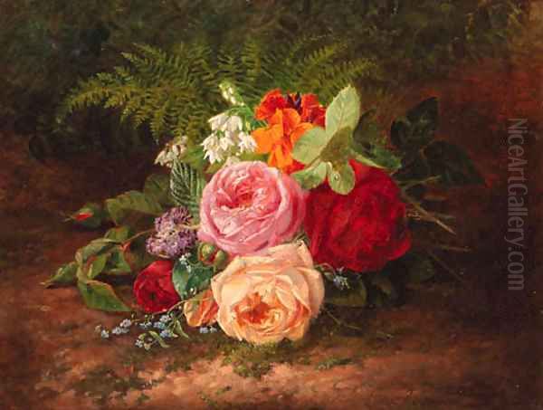 A flower still life with roses, forget-me-nots and indian cress Oil Painting by Francois-Joseph Huygens