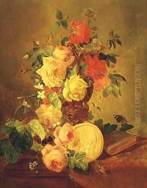 Butterflies by a mixed bouquet with roses Oil Painting by Francois-Joseph Huygens