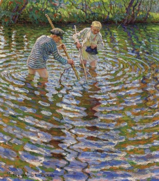 Young Boys Fishing For Crayfish Oil Painting by Nikolai Petrovich Bogdanov-Belsky