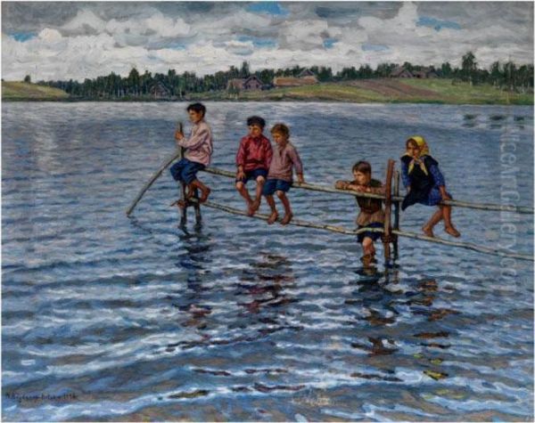 Kinder Am Wasser Oil Painting by Nikolai Petrovich Bogdanov-Belsky