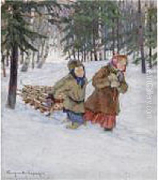 Children In The Snow Oil Painting by Nikolai Petrovich Bogdanov-Belsky