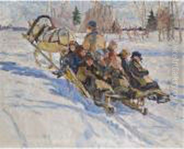 Children Riding In A Sleigh Oil Painting by Nikolai Petrovich Bogdanov-Belsky