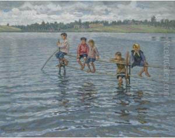 Children On The Lake Oil Painting by Nikolai Petrovich Bogdanov-Belsky