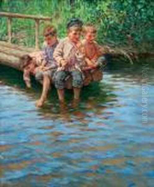 Boys Fishing Oil Painting by Nikolai Petrovich Bogdanov-Belsky