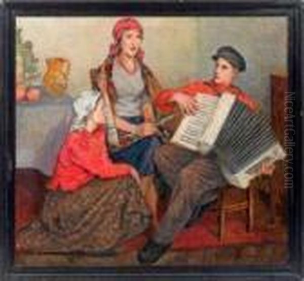 Singende Bauernmadchen Und Junger Bauer Mitziehharmonika Oil Painting by Nikolai Petrovich Bogdanov-Belsky