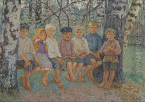 Children On A Bench Oil Painting by Nikolai Petrovich Bogdanov-Belsky