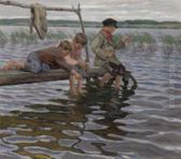 Boys Fishing Off A Pier Oil Painting by Nikolai Petrovich Bogdanov-Belsky