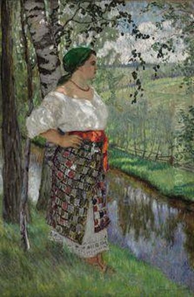 Peasant Woman By A Brook Oil Painting by Nikolai Petrovich Bogdanov-Belsky