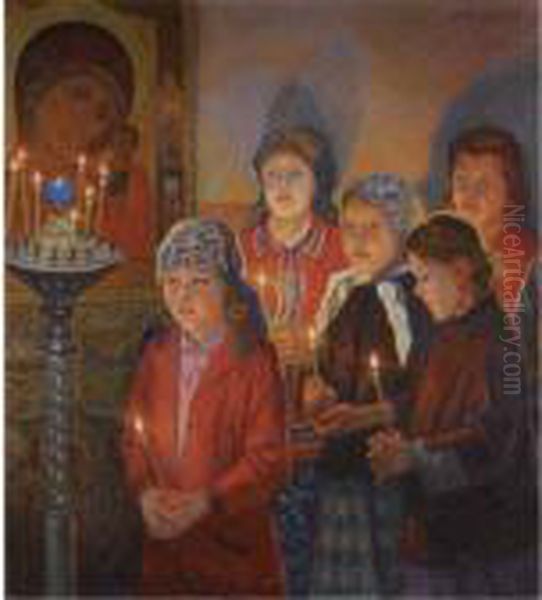 In The Church Oil Painting by Nikolai Petrovich Bogdanov-Belsky