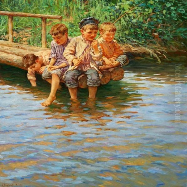 Four Boys Fishing At A Riverside, Summer Oil Painting by Nikolai Petrovich Bogdanov-Belsky