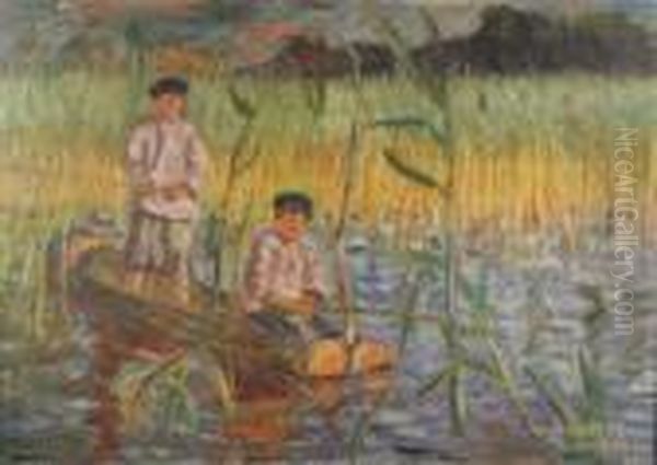 In The Cattails Oil Painting by Nikolai Petrovich Bogdanov-Belsky