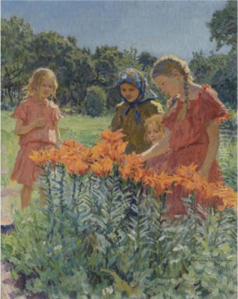 Picking Flowers Oil Painting by Nikolai Petrovich Bogdanov-Belsky