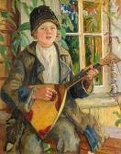 Young Boy With A Balalaika Oil Painting by Nikolai Petrovich Bogdanov-Belsky