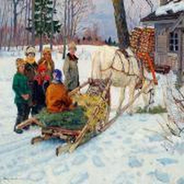 Wintry Scene With Children By A Sledge Oil Painting by Nikolai Petrovich Bogdanov-Belsky