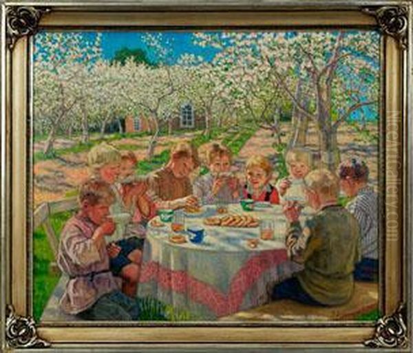 Kindergruppe Im Garten Mit Bluhenden Apfelbaumen Oil Painting by Nikolai Petrovich Bogdanov-Belsky