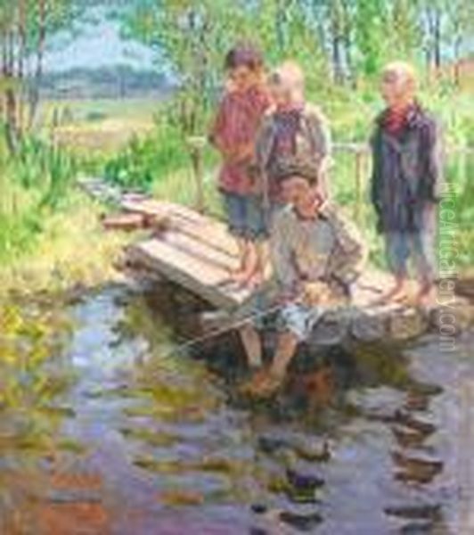 Little Boys Eager For A Catch Oil Painting by Nikolai Petrovich Bogdanov-Belsky