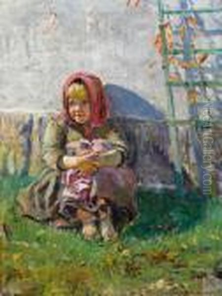 Young Girl Sitting In A Garden Oil Painting by Nikolai Petrovich Bogdanov-Belsky