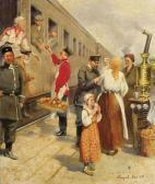 Catering Of Travellers On A Departure Platform Oil Painting by Nikolai Petrovich Bogdanov-Belsky