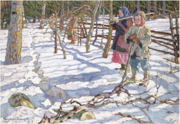 Young Drivers On A Bear Hunt Oil Painting by Nikolai Petrovich Bogdanov-Belsky