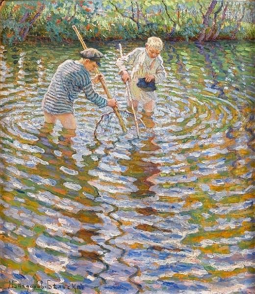 Young Boys Fishing For Minnows Oil Painting by Nikolai Petrovich Bogdanov-Belsky