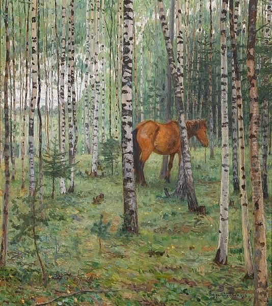 Horse Among The Birch Trees Oil Painting by Nikolai Petrovich Bogdanov-Belsky