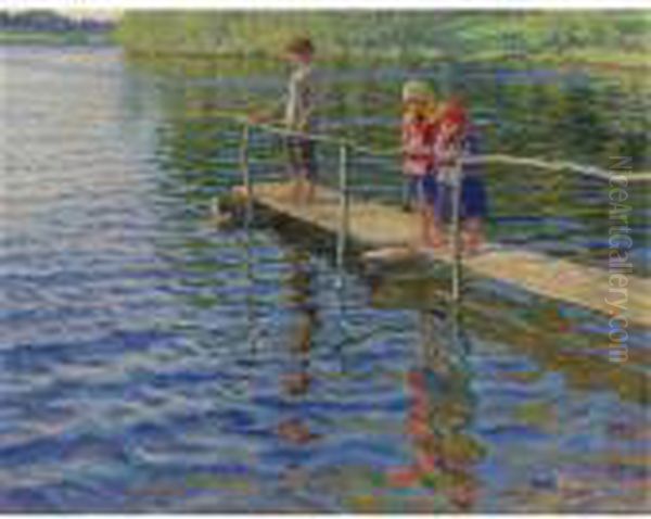 Fishing By The River Oil Painting by Nikolai Petrovich Bogdanov-Belsky