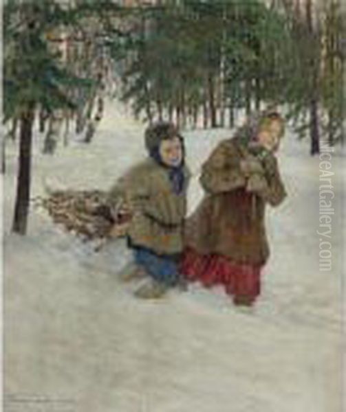 Trudging The Logs In Winter Snow Oil Painting by Nikolai Petrovich Bogdanov-Belsky