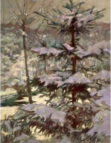 Foret De Sapins Sous La Neige Le Matin. Oil Painting by Nikolai Petrovich Bogdanov-Belsky