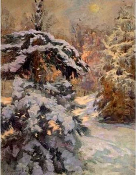 Foret De Sapins Sous La Neige Le Soir. Oil Painting by Nikolai Petrovich Bogdanov-Belsky