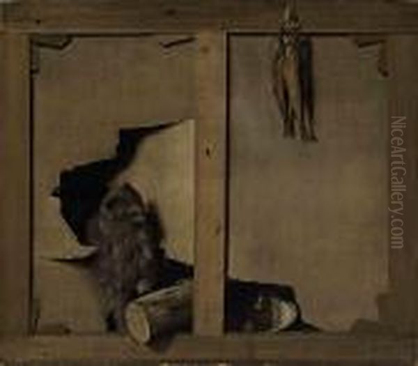 A Trompe-l'oeil With A Cat And A
 Wooden Log Through A Canvas, Fish Hanging From The Stretcher Oil Painting by Louis Leopold Boilly