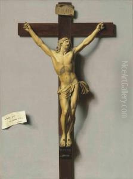 A Trompe-l'oeil Of An Ivory And Wood Crucifix Hanging On A Wall Oil Painting by Louis Leopold Boilly