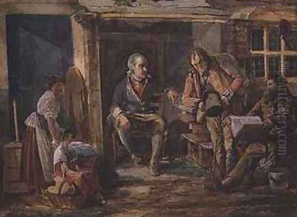 Group including a soldier outside a cottage door Oil Painting by John Harden