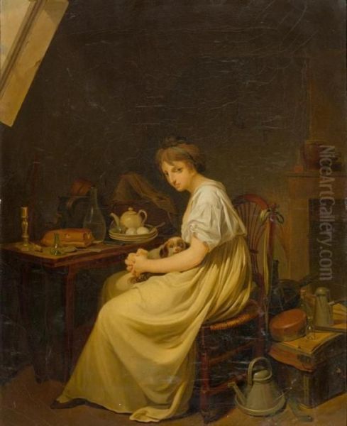 Woman With Dog In An Interior Oil Painting by Louis Leopold Boilly