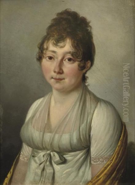 Portrait Of A Young Lady, Half Length, In A White Dress And Ayellow Wrap Oil Painting by Louis Leopold Boilly