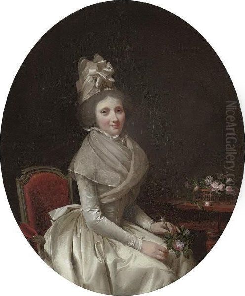 Portrait Of A Lady, 
Three-quarter Length, Seated, In A White Dress, A Pink Rose In Her Left 
Hand Oil Painting by Louis Leopold Boilly