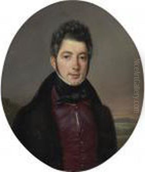 Portrait Of A Gentleman, Small 
Half-length, Wearing A Dark Coat And Red Vest, A Landscape Beyond Oil Painting by Louis Leopold Boilly