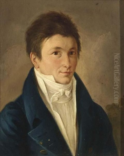 Gentleman Bust Lenght Wearing A Blue Costume With Lace Collar Oil Painting by Louis Leopold Boilly