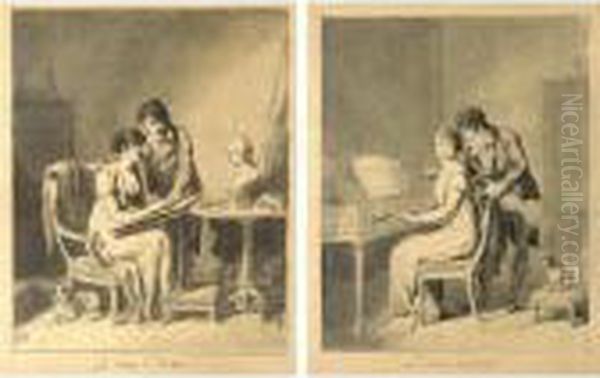 A Pair Of Drawings: A) Recto: La
 Lecon De Dessin; Verso: Perpective Studies; B) Recto: La Lecon De 
Musique, Verso: Architectural Studies Oil Painting by Louis Leopold Boilly