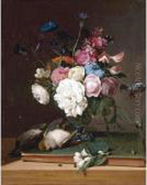 Still Life Of Flowers In A Glass
 Vase, Two Birds, A Branch Of Blossoms And An Insect All On A Table Oil Painting by Louis Leopold Boilly