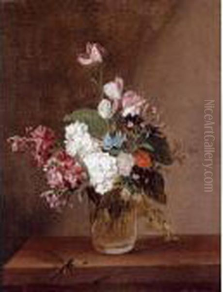 Still Life With Garden Flowers In A Glass Vase And A Dragonfly Oil Painting by Louis Leopold Boilly