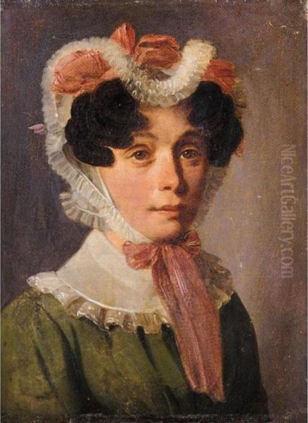 Portrait Of A Lady, Head And 
Shoulders Wearing A Green Dress And Elaborate Head Dress, With Pink 
Ribbons Oil Painting by Louis Leopold Boilly